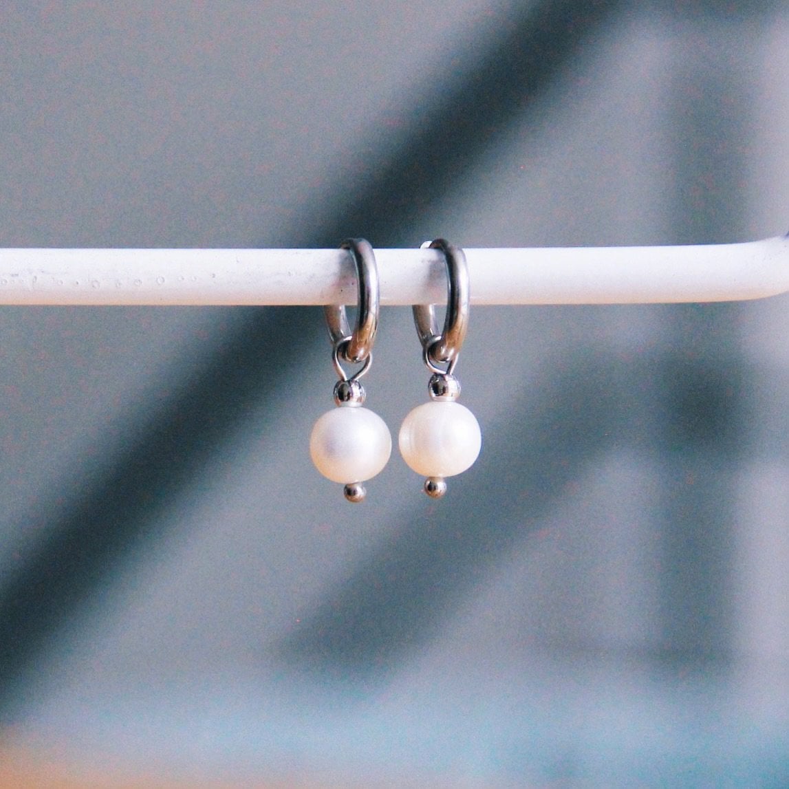 SS351 -  Stainless steel creoles with freshwater pearl drop - silver - Selva & Co