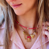 Kralenketting met parels - rood/roze - Selva & Co