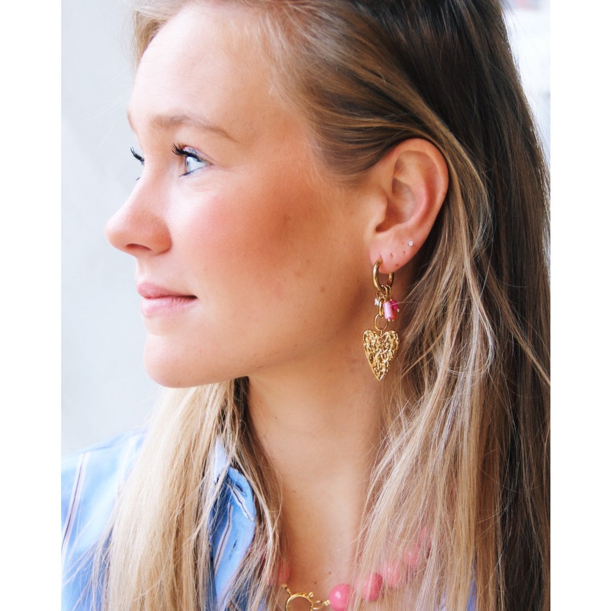 Oorringen met ketting, hart en cluster - roze/oranje - Selva & Co