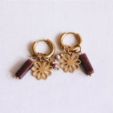 Wide earring with tube, facet and flower - mocha - Selva & Co