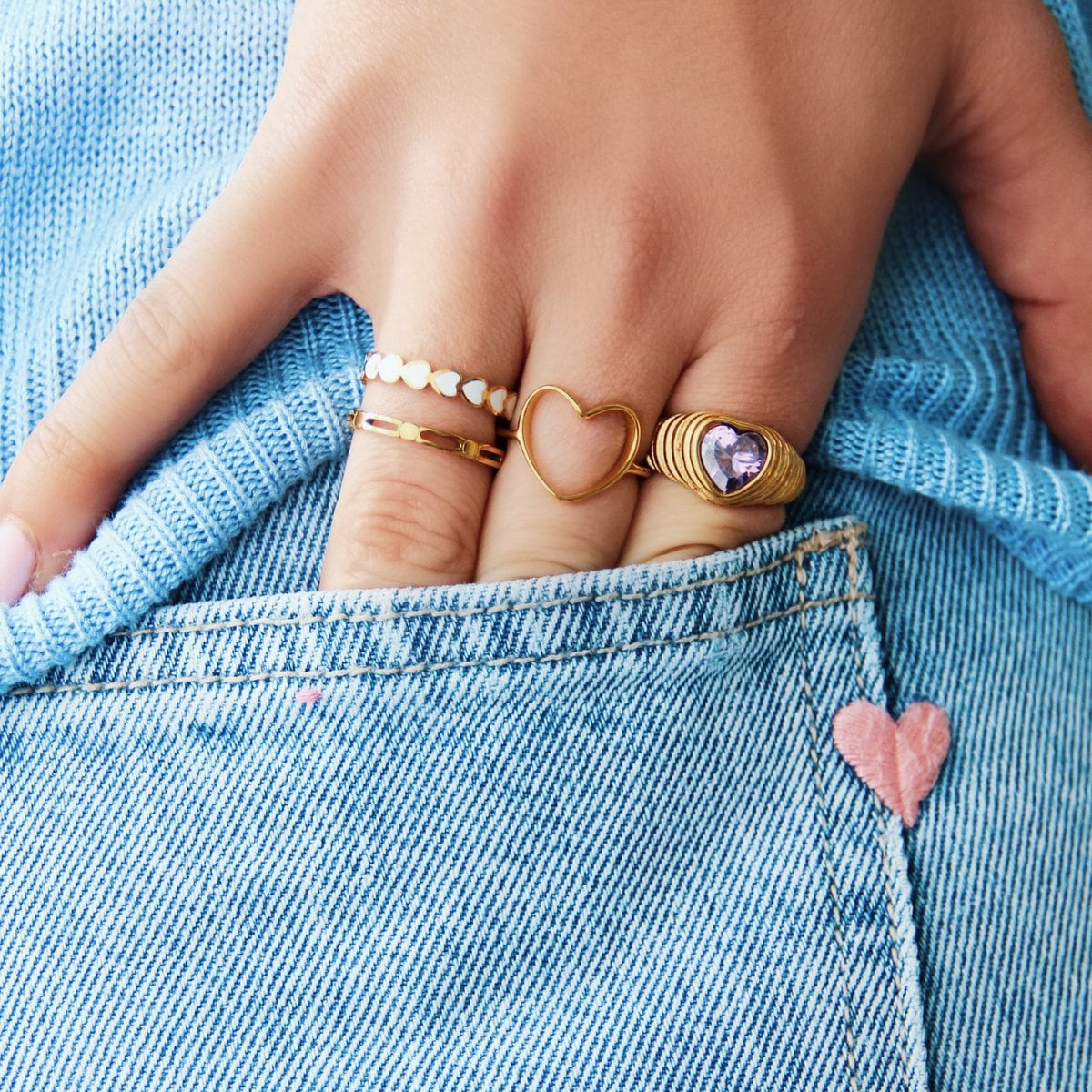 Roestvrijstalen verstelbare ring met hart – goud - Selva & Co