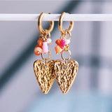 Oorringen met ketting, hart en cluster - roze/oranje - Selva & Co