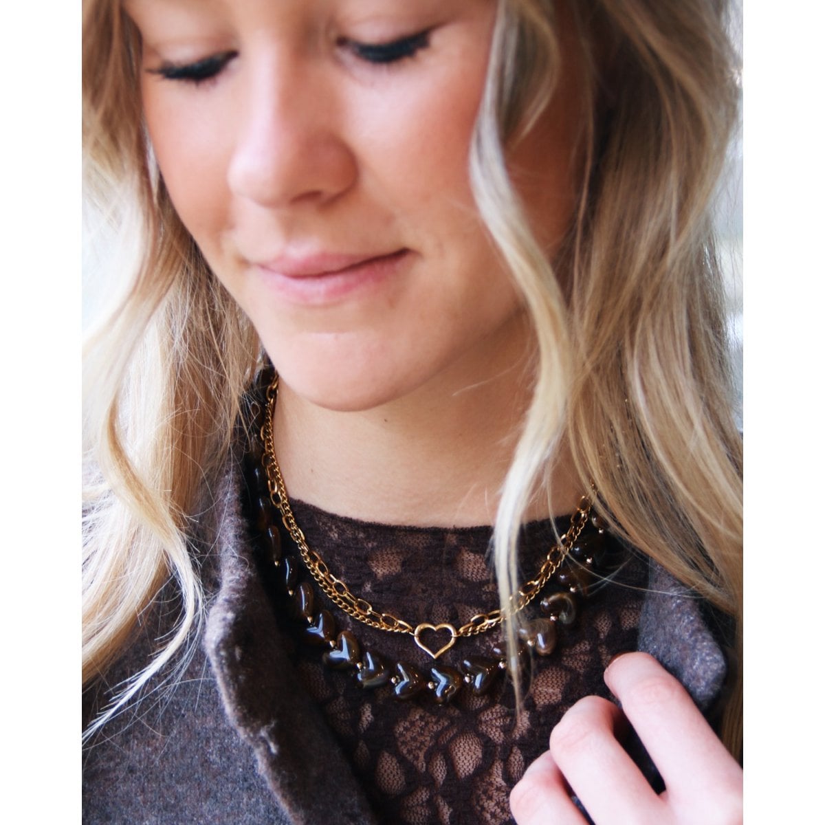 XL Kralenketting Hars hart - bruin - Selva & Co