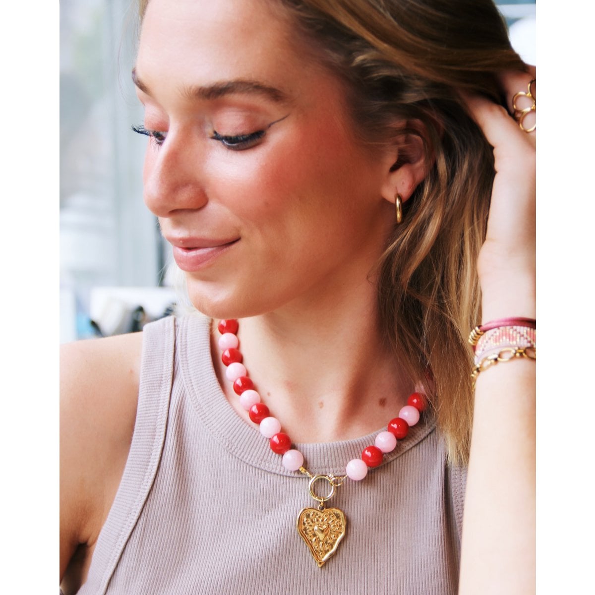 Natural stone bead necklace XL - red/pink - Selva & Co