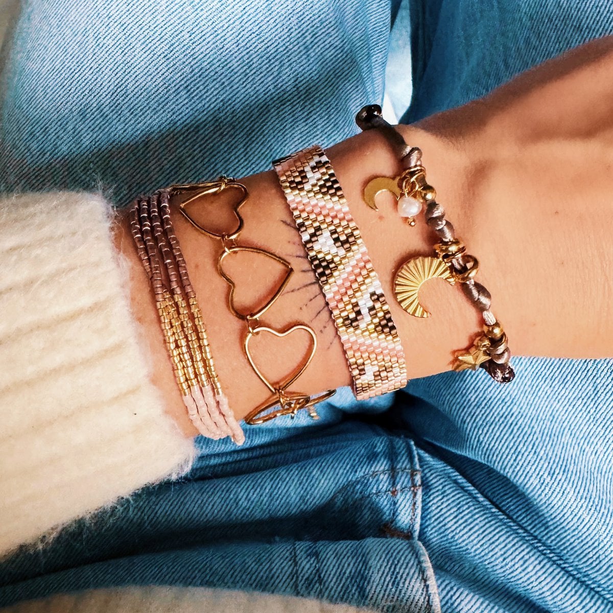 Weaving bracelet with zigzag and leopard print - salmon/brown/white - Selva & Co