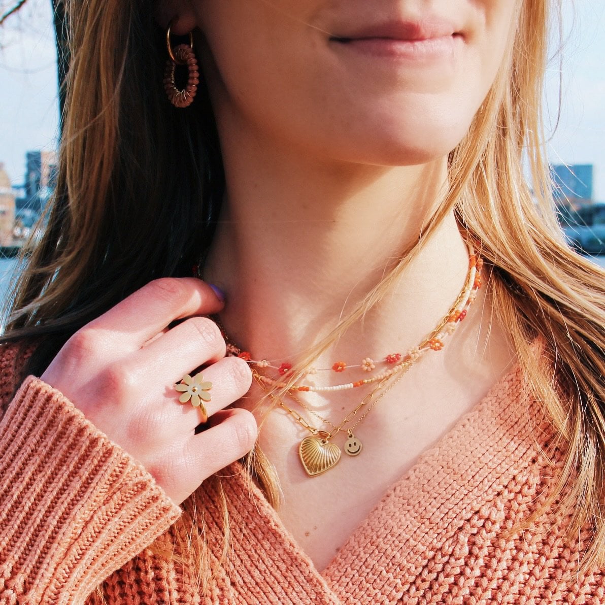 RVS D-ketting met gedecoreerd hart - goud - Selva & Co