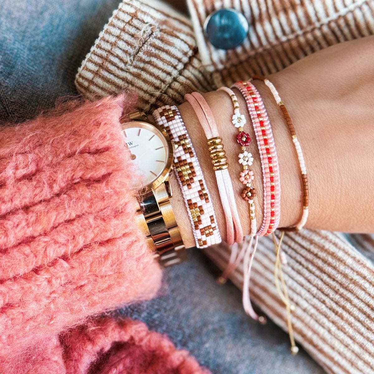 Weaving bracelet with leopard print - cognac/peach - Selva & Co