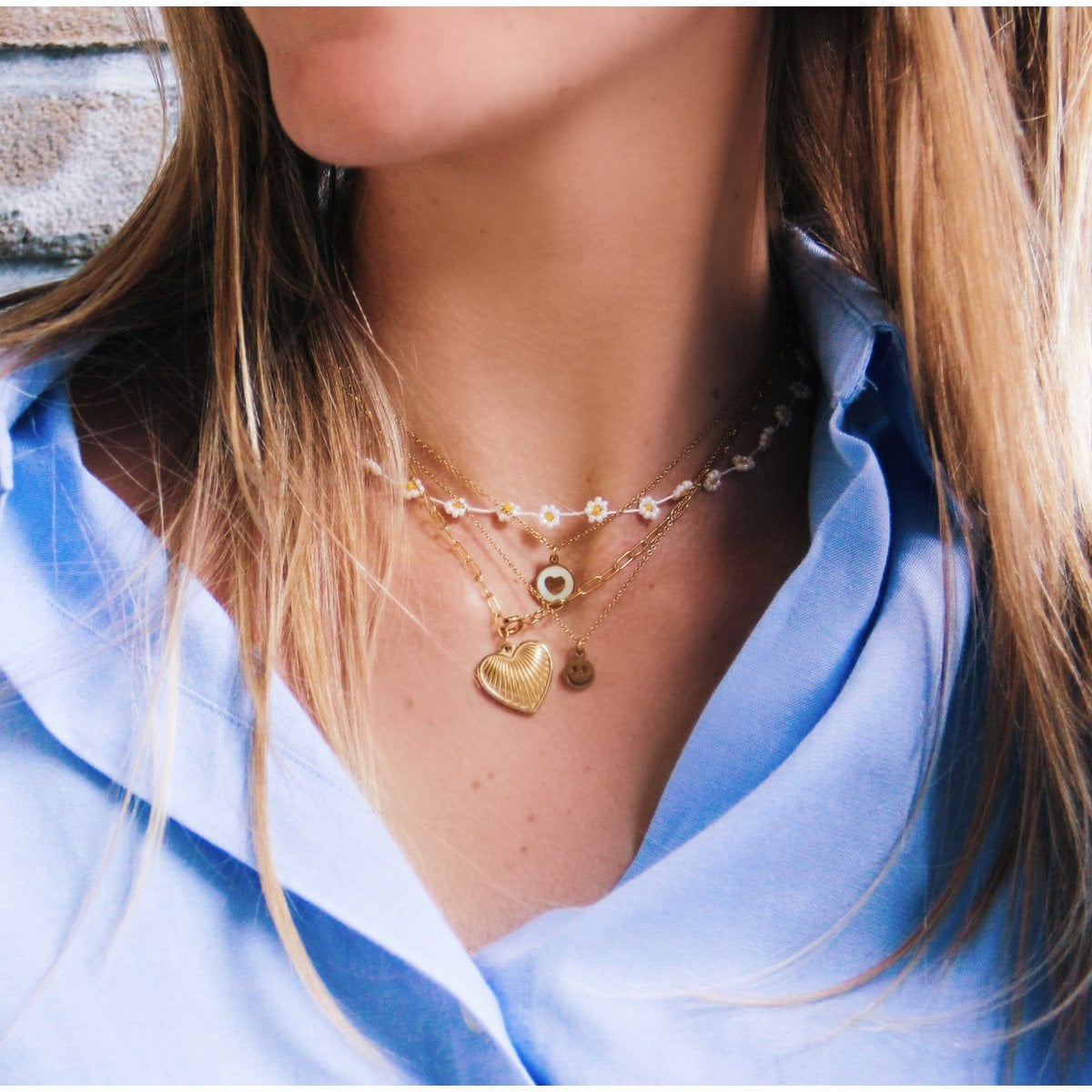 RVS D-ketting met gedecoreerd hart - goud - Selva & Co
